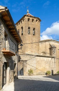 Historic church tower medieval village of Longás, Val d'Onsella, Zaragoza province, Aragon, Spain