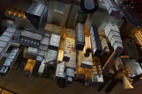 Magic Mushrooms installation, ceiling sculpture, hanging skyscrapers, model of a metropolis,