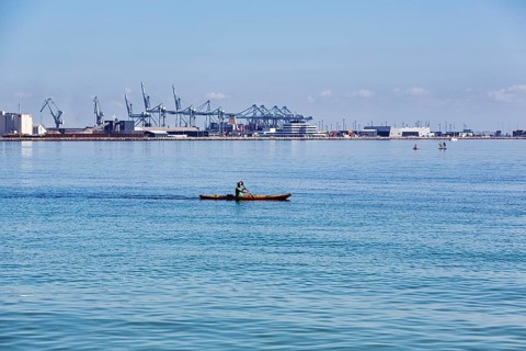 Kayaker, view of port facilities, container port, Aarhus, Jutland, Denmark