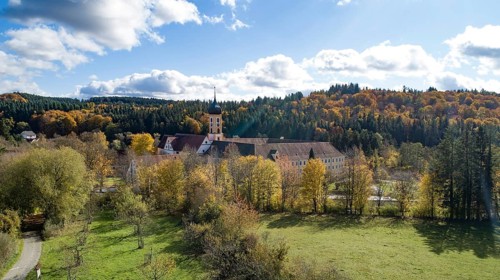 Aerial view of the Cistercian Abbey of Oberschönenfeld in the Augsburg Western Forest nature park