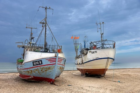 Fishing boats beached on Thorup Strand, Thorupstrand, fishing village on the Skagerrak in