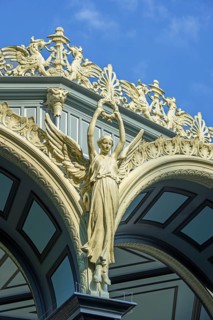 Nike goddess of victory, griffins and palmettes decorating 1885 Kiosk, music pavillion at the