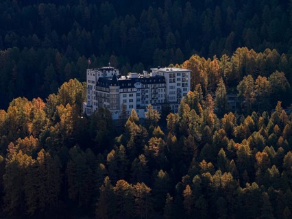Luxury hotel, hotel, larch forest, autumn, autumn color, morning light, sunny, aerial view, back