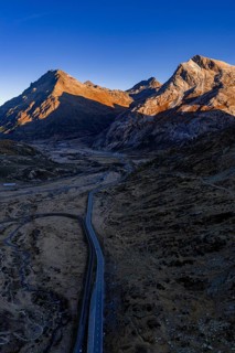 Mountain landscape, autumn, morning light, aerial view, road, Bernina Pass, Engadin, Switzerland