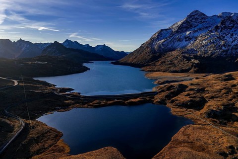 Mountain landscape, autumn, morning light, aerial view, road, mountain lakes, reservoir, Bernina