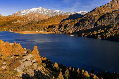 Mountain landscape, mountain lake, larch forest, autumn, autumn color, evening light, aerial view,