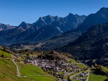 Mountain landscape, autumn color, sunny, aerial view, village, castle, tower, Ardez, Lower