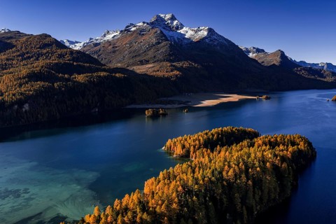 Mountain landscape, mountain lake, larch forest, autumn, autumn color, morning light, sunny, aerial
