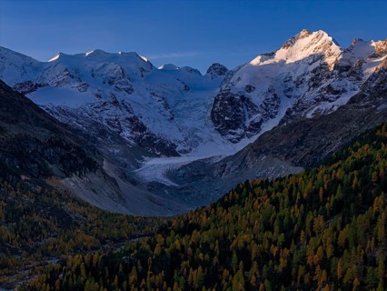 Mountain landscape, larch forest, autumn, autumn discoloration, morning light, aerial view,