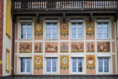 Fassade mit Lüftlmalerei, Kapellengasteig, Bad Tölz, Upper Bavaria, Bavaria, Germany