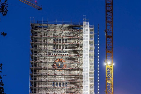 Bonatz building with station tower. Construction work for Stuttgart 21 at the main train station in