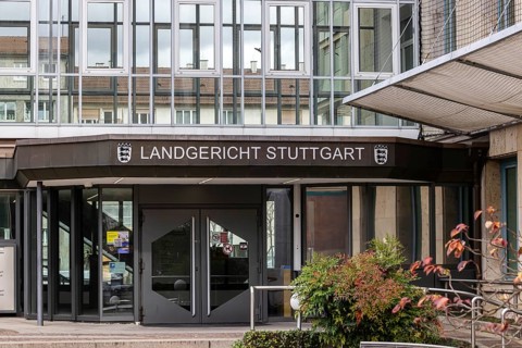 Stuttgart Regional Court. Lettering on the courthouse. Stuttgart, Baden-Württemberg, Germany
