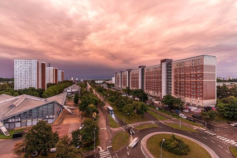 Large residential complex of prefabricated buildings, on the left the windmill skyscrapers in
