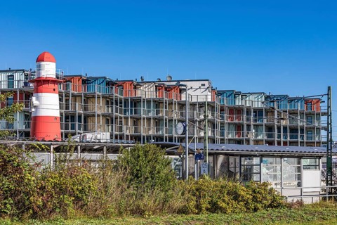 Hotel Dock Inn Hostel made of former containers and the S-Bahn stop in Warnemünde,