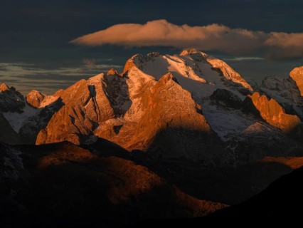 Mountain landscape, morning light, cloud atmosphere, autumn, aerial view, Giau Pass, view of