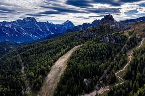 Ski slope, downhill, autumn, tourism, environmental degradation, Cinque Torri Ski Resort,