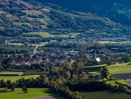Village, mountain landscape, sunny, autumn, aerial view, Glurns, Vinschgau, South Tyrol, Italy