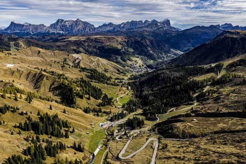 Road, curves, serpentines, pass road, autumn, sunny, Pordoi Pass, view of Tofana Group, Dolomites,