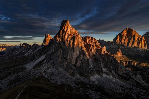 Mountain landscape, morning light, cloud atmosphere, autumn, aerial view, Giau Pass, view of Tofana