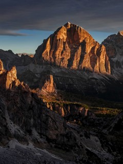 Mountain landscape, morning light, cloud atmosphere, autumn, aerial view, Giau Pass, view of Tofana