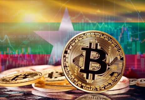 Bitcoin with Myanmar flag in the background. Investors in cryptocurrency and Blockchain Technology