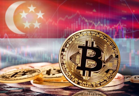 Bitcoin with Singapore flag in the background. Investors in cryptocurrency and Blockchain