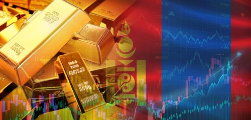 Gold bars stacked on Mongolian flag. Mongolia gold reserves, Concept