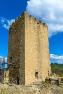 Castle tower in medieval village of Uncastillo, Cinco Villas, Zaragoza province, Aragon, Spain
