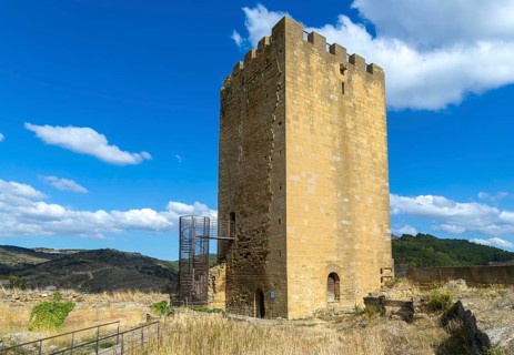 Castle tower in medieval village of Uncastillo, Cinco Villas, Zaragoza province, Aragon, Spain