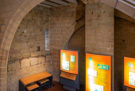 Information display inside Castle tower, medieval village of Uncastillo, Cinco Villas, Zaragoza