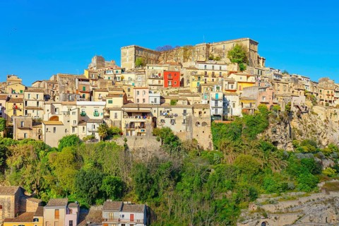 Low angle view of Ragusa Ibla historic town, Ragusa Ibla, Ragusa province, Sicily, Italy