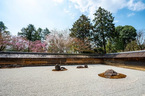Kare-san-sui Japanese rock garden, Hojo Teien in Ryoan-ji, Zen Buddhist temple complex, in spring,