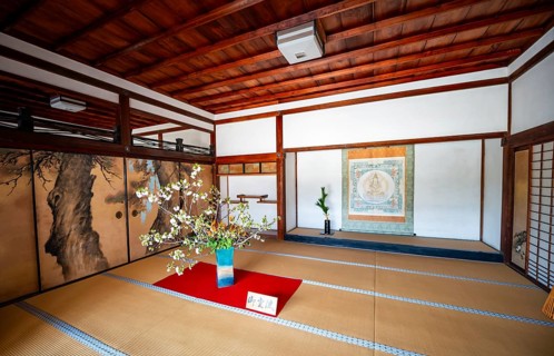 Interior, traditional Japanese architecture with tatami mats, Ninna-ji, Buddhist temple complex,