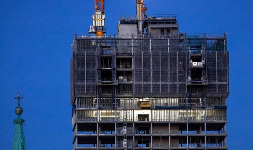 St. Mary's Church, The Berlinian skyscraper construction site at Alexanderplatz, Berlin, 06.11