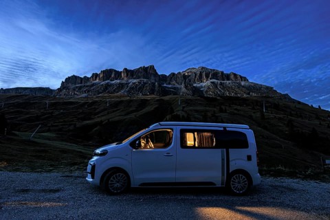 Camper, campervan, camperbus, dusk, mountains, blue hour, camping, Sella Group, Dolomites, Italy