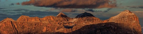 Steep mountains, mountain range, sunset, cloudy, panorama, autumn, Pordoi Pass, view of Tofana