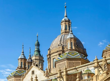 Towers and domes on roof of Basilica of Our Lady of the Pillar cathedral church, Zaragoza, Aragon,