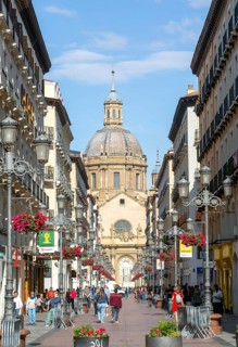 View of Basilica of Our Lady of the Pillar cathedral church from Calle de Alfonso I, Zaragoza,