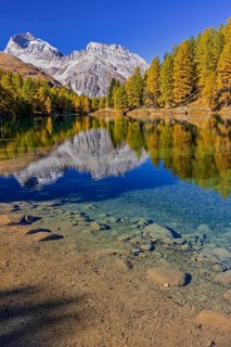 Mountain lake, reflection, mountains, larch forest, autumn discoloration, autumn, sunny, Lake