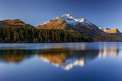 Mountain lake, reflection, mountains, larch forest, autumn discoloration, autumn, sunrise, Lake