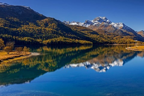 Mountain lake, reflection, mountains, larch forest, autumn discoloration, autumn, sunny,