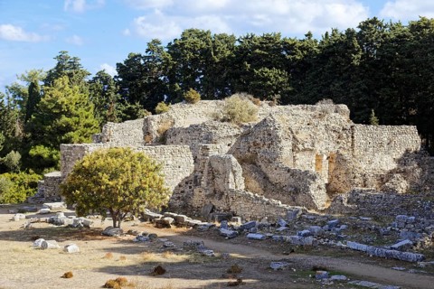 Lower terrace, ruins presumably of patients' living rooms, Asclepieion, Latin Aescupium, three