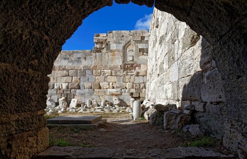 Archway with view of inner fortification, bastion, relief, fragments from Roman times, Neratzia
