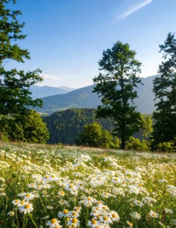 A sunlit meadow with daisies against a forest backdrop under a blue sky, Late summer country