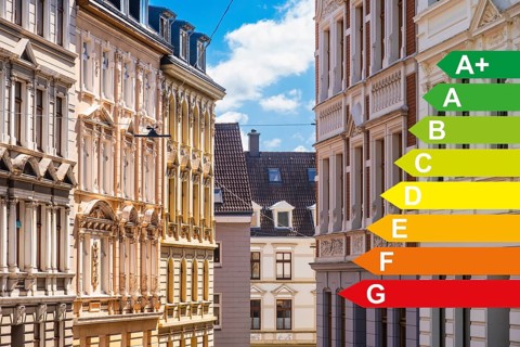 Street with old buildings from the Wilhelminian period, graphic with energy efficiency classes for