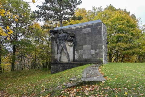 Torchbearer, monumental stone sculpture from the Nazi era, former NS Ordensburg Vogelsang, Eifel