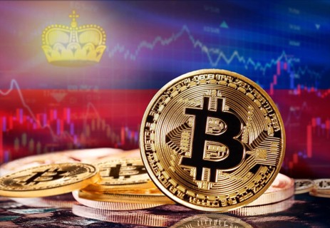 Bitcoin with Liechtenstein flag in the background. Investors in cryptocurrency and Blockchain