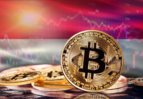 Bitcoin with Indonesian flag in the background. Investors in cryptocurrency and Blockchain