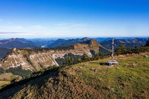 Drone shot, summit cross, Hoher Zinken with Holzeck and Königsbergerhorn, Postalm, Osterhorn Group,