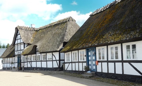Danish inn, restaurant, in typical half-timbered house with thatched roof on Funen, Fyn island,